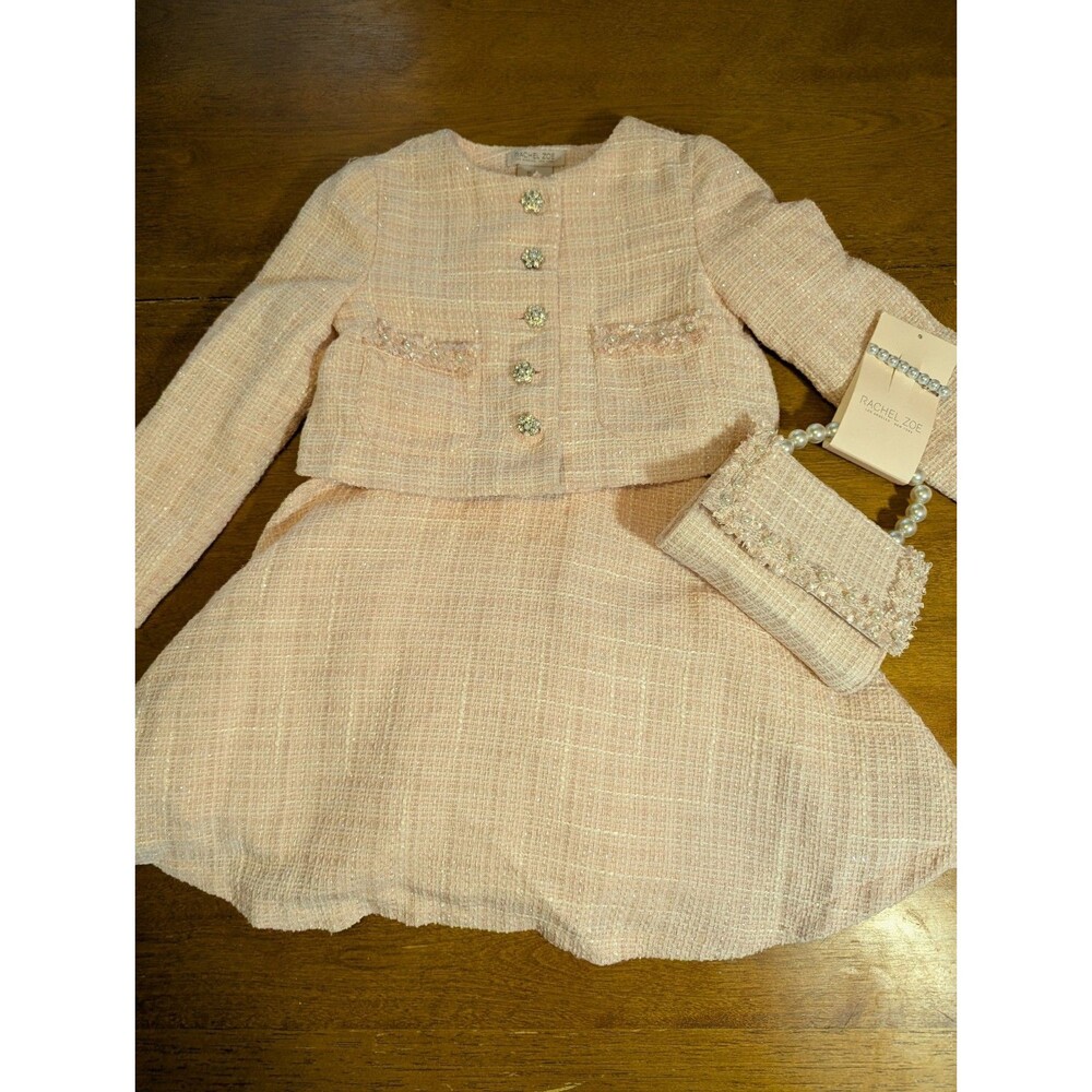 Rachel Zoe Girls Tweed Dress & Jacket Set Pale Pink Pearl Trim Size 4 Elegant...